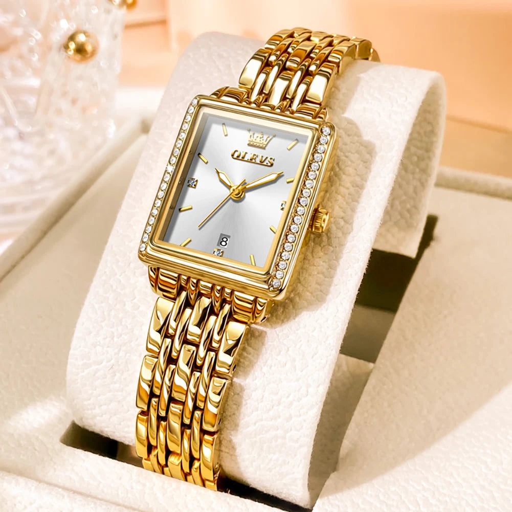 Shine with the Olevs Peony – a luminous ladies' watch crafted in golden tones, featuring date display and waterproof build. A radiant piece for elegant daily wear.