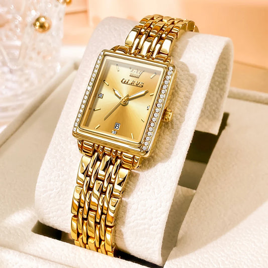 Shine with the Olevs Peony – a luminous ladies' watch crafted in golden tones, featuring date display and waterproof build. A radiant piece for elegant daily wear.